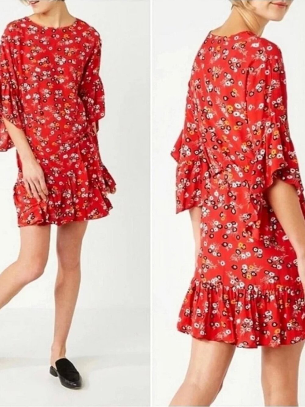 Maje Red Floral Ruffle Hem Shift Dress